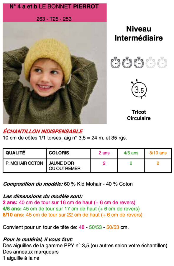Patron de Bonnet Pierrot - Phildar