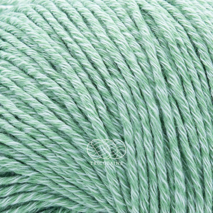 Phildar Phil Océan, un magnifique fil d'été composé de coton et de polyester recyclé.  De calibre Fingering.   Coloris amande, un joli vert tendre avec un fil chiné blanc.