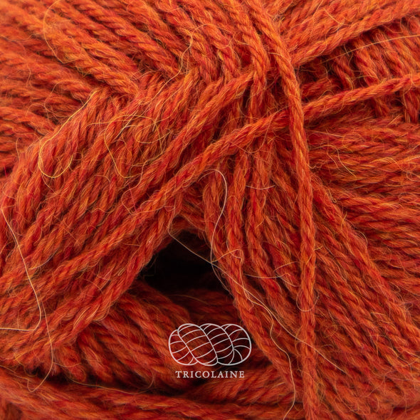 Drops Nord, un doux mélange de laine péruvienne et d'alpaga.  De calibre Sport, cette fibre se tricote avec une aiguille 3 mm.  Coloris Rouille, un orangé mix avec des variations de teintes allant vers le orange brûlé.