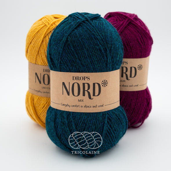 Drops Nord, un doux mélange de laine péruvienne et d'alpaga.  De calibre Sport, cette fibre se tricote avec une aiguille 3 mm.