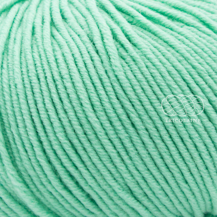 Merino 120 de Lang Yarns, une laine de mérinos fine, extradouce et traitée supewash. De calibre DK, elle se tricote avec des aiguilles 3.5 à 4 mm. Coloris Spearmint, un vert pâle assez vif, un vert menthe pâle.