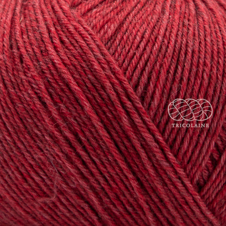 Merino Yak, de Regia Premium, une laine à chaussette qui réalise des bas chauds et doux, faciles à nettoyer.  Le grand classique des amateurs de plein air.  Coloris Himbeer Meliert, un rouge orangé.