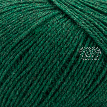 Merino Yak, de Regia Premium, une laine à chaussette qui réalise des bas chauds et doux, faciles à nettoyer.  Le grand classique des amateurs de plein air.  Coloris Tanne Meliert, un vert sapin assez vif.